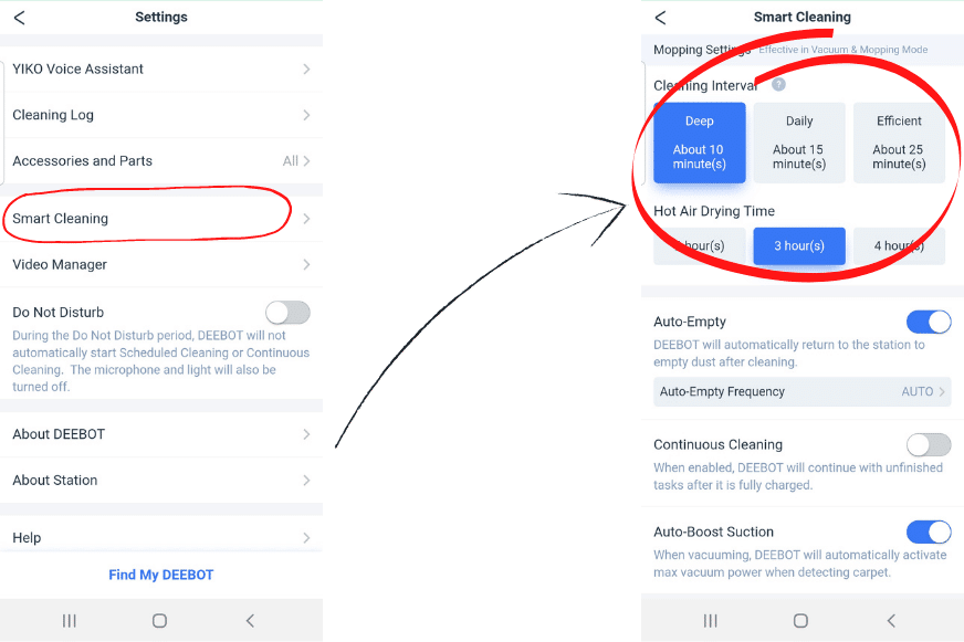 The hot air drying time and the cleaning interval for the mopping pads are set in the app